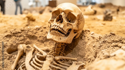 A skeleton is laying in the sand, with its head turned to the side #923543497