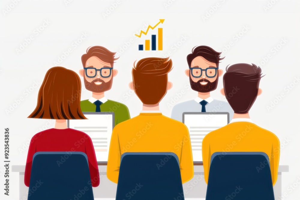 Obraz premium Team meeting with projector, sharing slides, flat design illustration