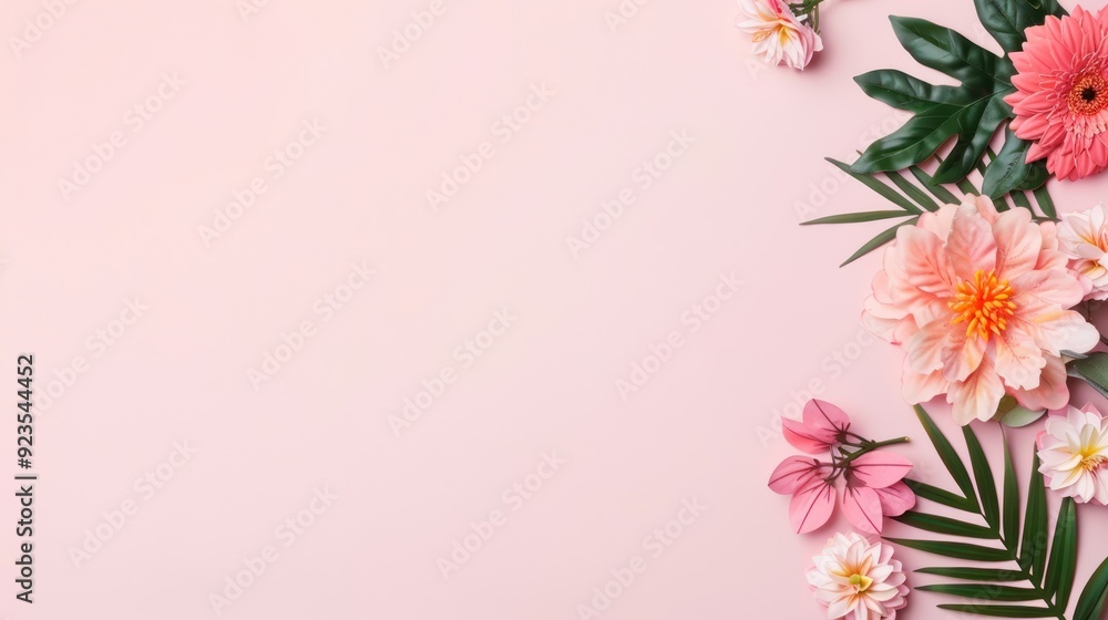 Top view of flowers, botanical cartoon, pastel colors, flat design illustration Top view of flowers, botanical cartoon, pastel colors, flat design illustration