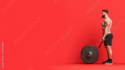 Determined Heavyset Man Powerlifting in Gym - Fitness Progress Concept on Red Background with Copy Space, Generative AI