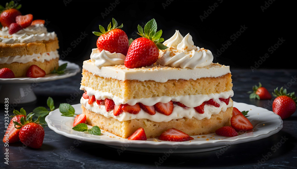 Strawberry Shortcake Slice with Cream on Black Background Strawberry Shortcake Slice with Cream on Black Background
