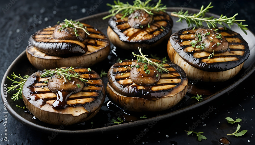 Grilled Portobello with Aged Balsamic Glaze on Black Background Grilled Portobello with Aged Balsamic Glaze on Black Background