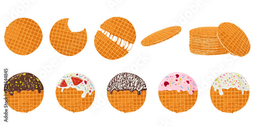 Stroopwafels cookies set. Sweet dutch bakery and pastry desserts with sprinkles. Vector isolated illustrations of holland waffles with caramel for menu designs, prints, stickers