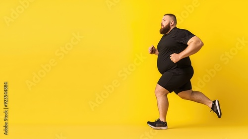 Determined overweight man jogging in place against yellow backdrop with copy space below, promoting cardio workout and home exercise for fitness progress., Generative AI