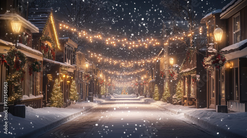 Fototapeta Naklejka Na Ścianę i Meble -  Snowy street scene in a charming small town, with festive holiday lights and decorations.