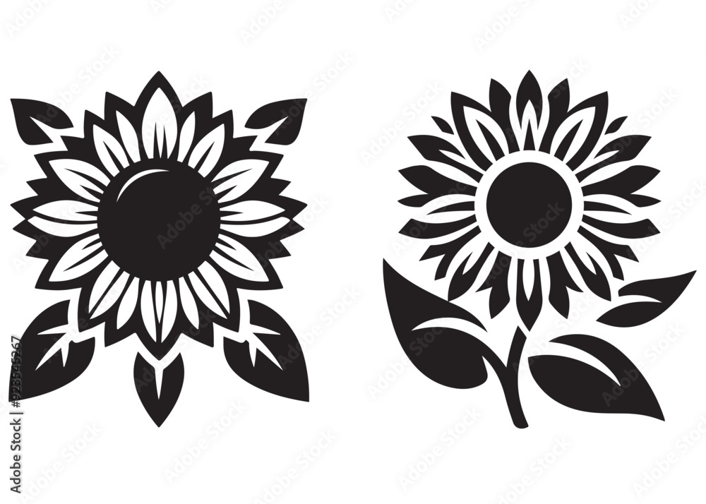 Fototapeta premium Sunflower logo icon vector illustration, Sunflower hand drawn vector collection, set of black and white flowers