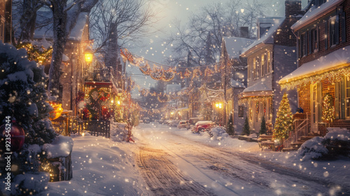 Fototapeta Naklejka Na Ścianę i Meble -  Snowy street scene in a charming small town, with festive holiday lights and decorations.