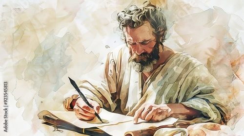 Gospel Writing: Apostle Matthew with Quill and Parchment - Biblical Illustration with Beige Background and Copyspace