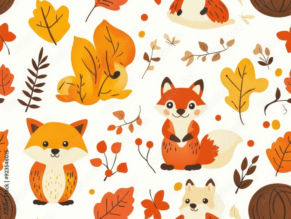 Fototapeta premium Seamless patterns featuring adorable woodland animals like foxes squirrels and owls in a cozy rustic autumn setting Playful and stylized perfect for home decor fashion and graphic design