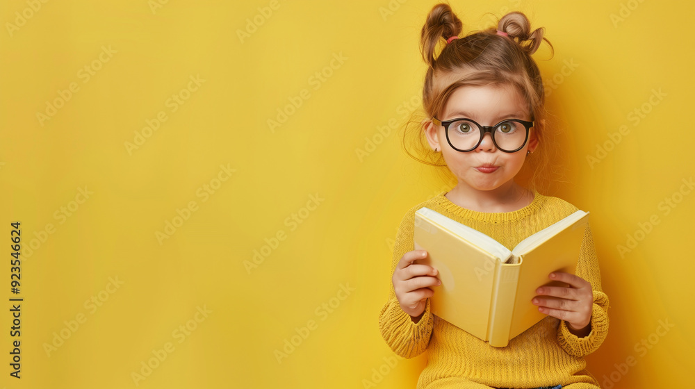 The image shows a little girl with large glasses, sitting with a book in her hands on a bright yellow background. She is dressed in a yellow sweater, and her hair is styled in two small ponytails The image shows a little girl with large glasses, sitting with a book in her hands on a bright yellow background. She is dressed in a yellow sweater, and her hair is styled in two small ponytails