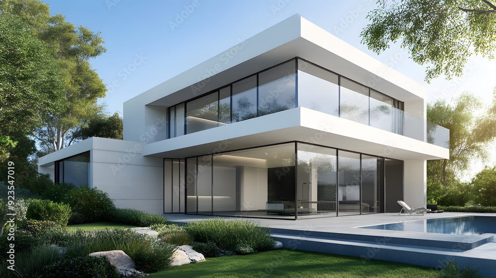 Beautiful modern house with large windows. Minimalist architecture with clean lines and a contemporary design Beautiful modern house with large windows. Minimalist architecture with clean lines and a contemporary design