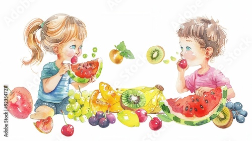 Cartoon flat vector drawing of a boy and a girl eating seasonal fruits together