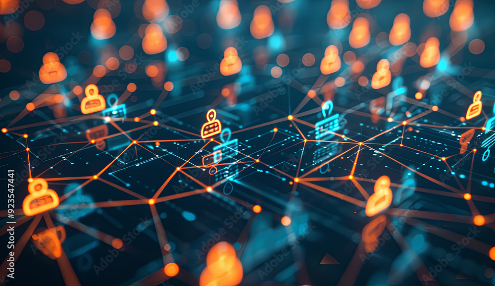 Intricate Digital Network of Orange and Blue Human Icons Representing Social Media Interconnectedness on a Dark Background, Highlighting Community Building and Digital Marketing Concepts with High-Res