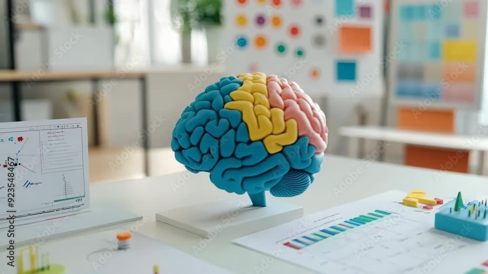 A colorful brain model displayed with various charts and graphs in a ...