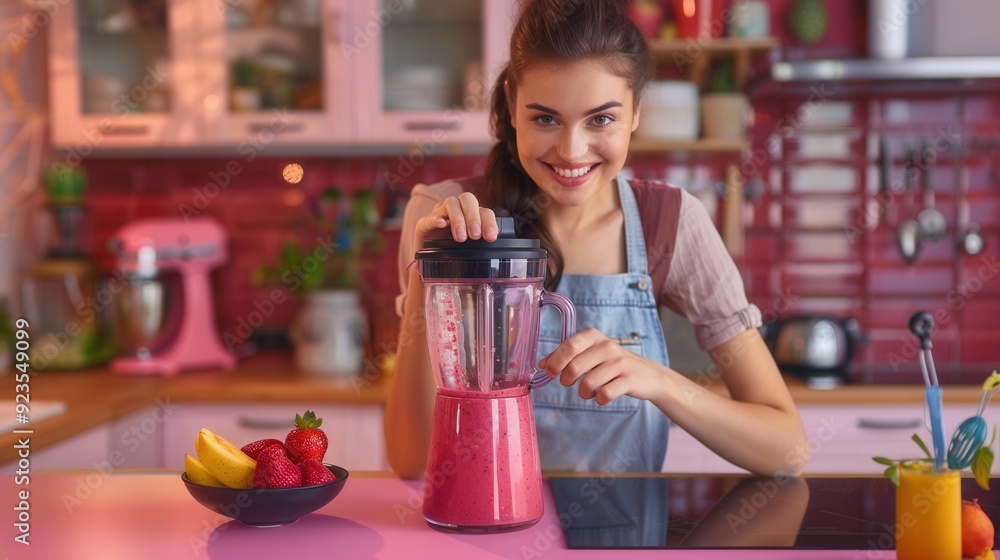 A female is making a healthy smoothie drink with a blender mixer in kitchen A female is making a healthy smoothie drink with a blender mixer in kitchen