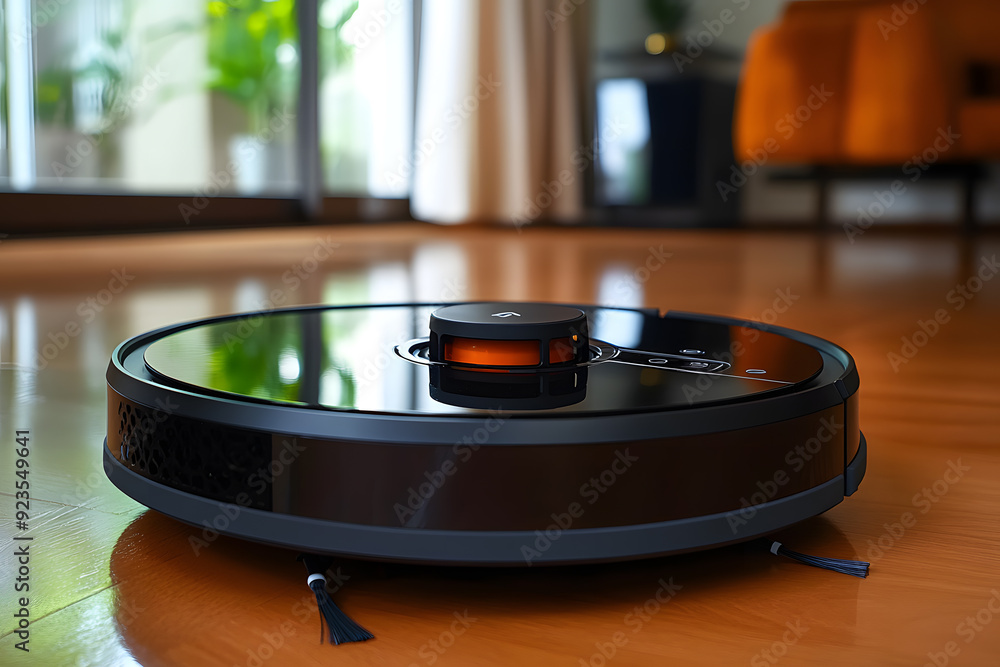 Robotic vacuum cleaner on the floor in cozy modern living room Robotic vacuum cleaner on the floor in cozy modern living room