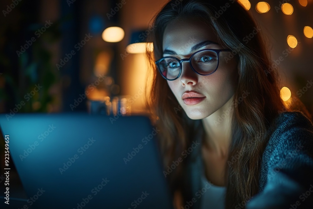 Determined office worker typing on laptop late at night to meet deadlines. Determined office worker typing on laptop late at night to meet deadlines.