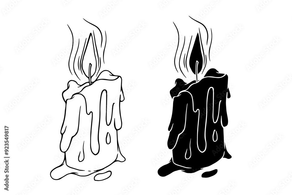 Line sketch, silhouette of a burning wax candle. Vector graphics. Line sketch, silhouette of a burning wax candle. Vector graphics.