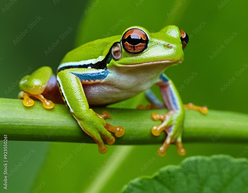 Obraz premium Flying frog sitting on body, beautiful tree frog on branch, rachophorus reinwardtii, Javan tree frog. Ai generated image.