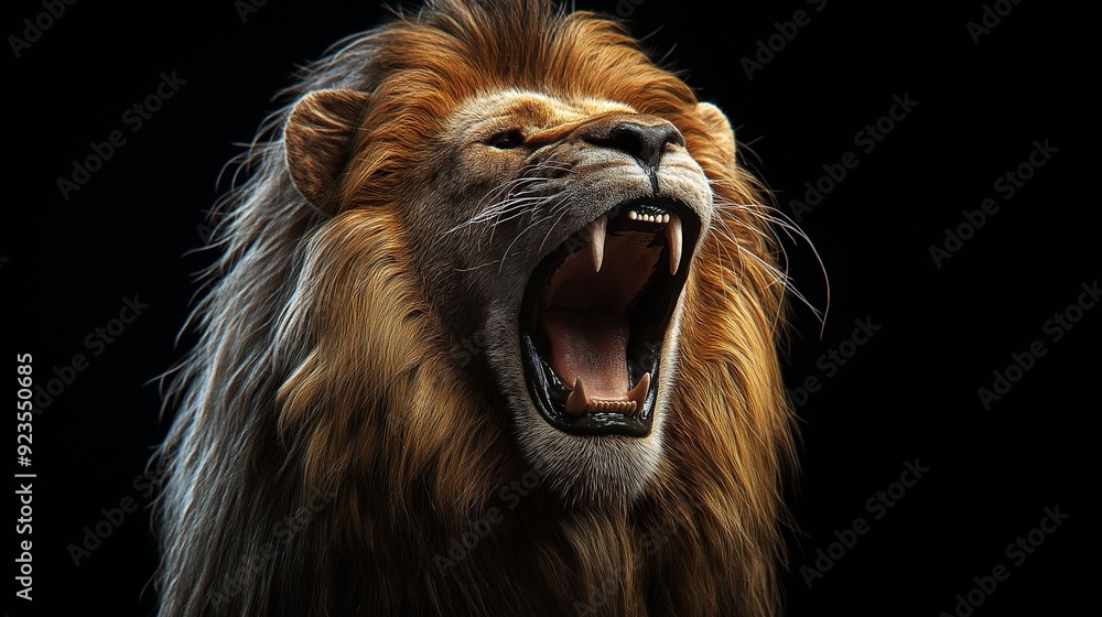 Naklejka premium Image of a roaring lion with dramatic lighting highlighting its powerful features, sharp teeth, and majestic mane.