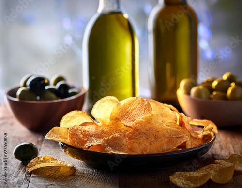 Cuencos con patatas chips y olivas; aperitivo, vermut, tapa