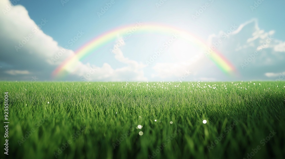 Naklejka premium A beautiful rainbow arches over a lush green field with dewy grass.