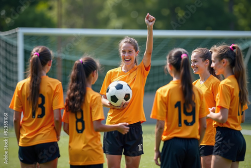 photo of coach instructor trainer teaching teenage player at soccer field, generative AI