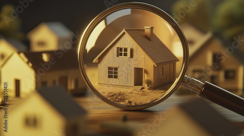 A wooden house model is closely examined under a magnifying glass.