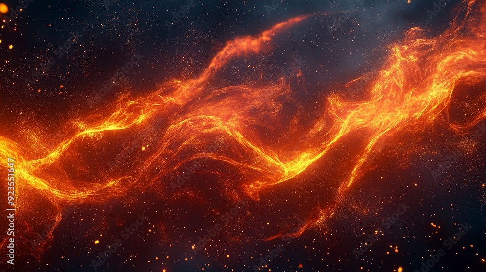 Dynamic abstract image of fiery plasma energy flowing in space.