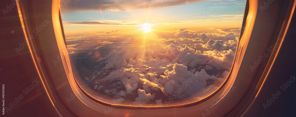 Airplane Window View of Sunset Over Clouds Airplane Window View of Sunset Over Clouds