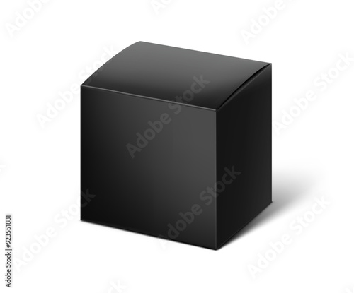 Realistic black paperboard box mockup. Vector illustration isolated on white background. Half side view. Can be use for food, cosmetic, pharmacy, sport and etc. Ready for your design. EPS10.
