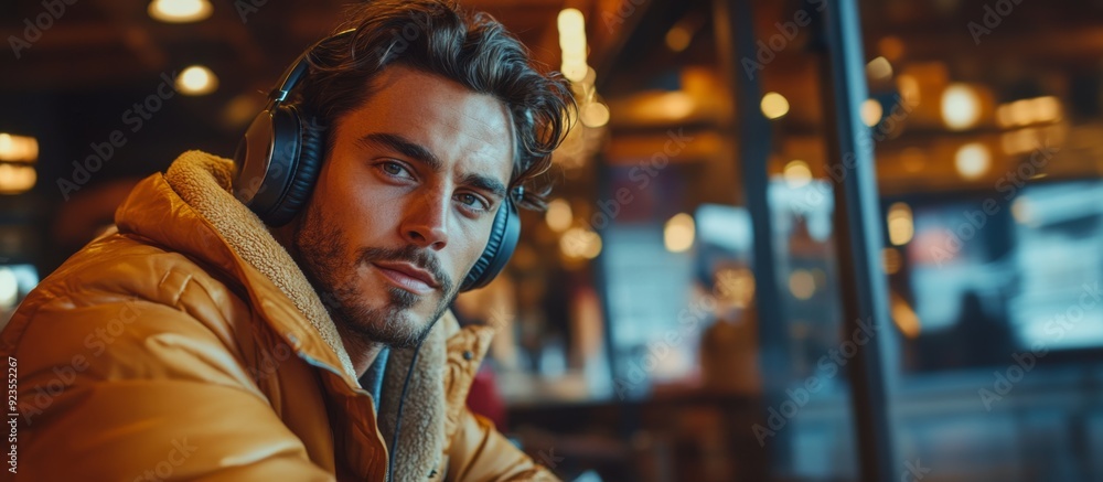 Young Man with Headphones Relaxing in a Cozy Cafe with Warm Lighting and Modern Decor Young Man with Headphones Relaxing in a Cozy Cafe with Warm Lighting and Modern Decor