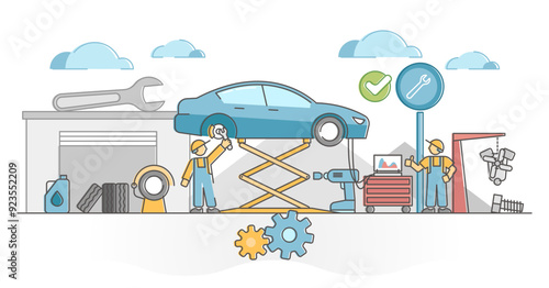 Car service work for vehicles mechanic maintenance and fix outline concept, transparent background. Annual automobile check in garage with tire, oil change and engine computer inspection illustration.