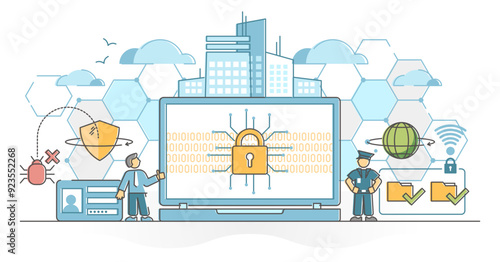Cyber security as digital data protection and safe defense outline concept, transparent background. User information privacy encryption with antivirus software illustration. Computer files secured.