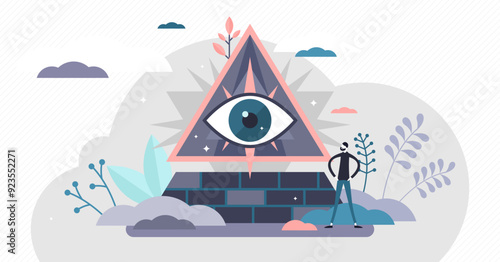 Conspiracy theory, eye pyramid symbol concept, flat tiny person illustration, transparent background. All controlling mysterious power belief.