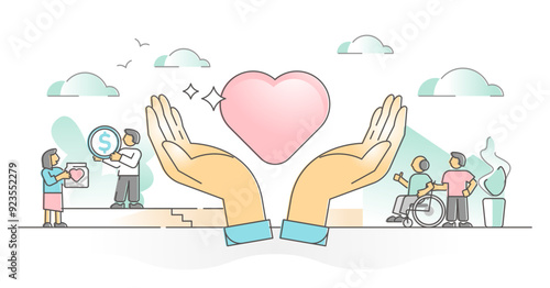 Charity support and money donation for social elderly care outline concept, transparent background. Humanity and solidarity with campaign for poor and old people illustration.