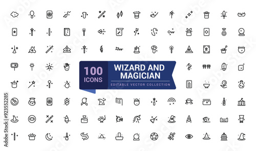 Wizard and magician, sorcerer, witch, accessories icons set. Pixel perfect, minimalistic web and UI icon. Outline icon collections.