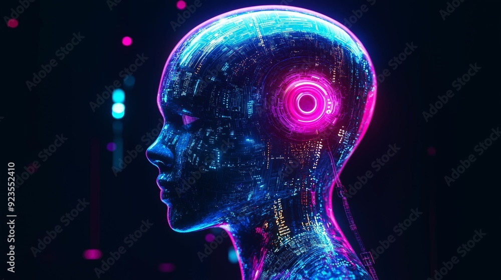 Digital Human Head in Neon Futuristic Design. Digital Human Head in Neon Futuristic Design.