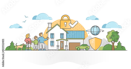 Home security as house safety and protection alarm system outline concept, transparent background. Secure lock and shield solution for theft risks illustration. Secured family property and solution.