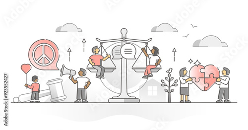 Human rights for liberty, freedom and legal equality monocolor outline concept, transparent background. Society diversity or feminism fight against racism and sexuality discrimination illustration.