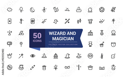 Wizard and magician, sorcerer, witch, accessories icons set. Pixel perfect, minimalistic web and UI icon. Outline icon collections.