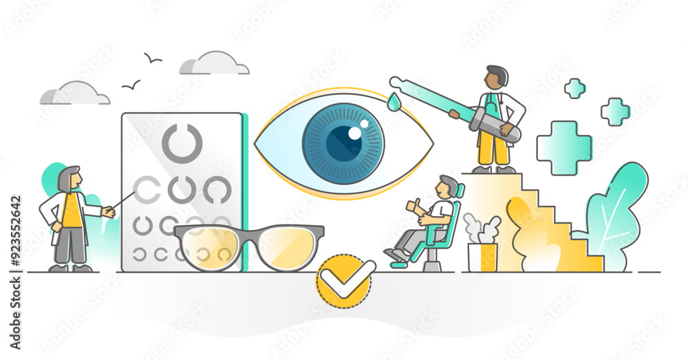 Obraz premium Ophthalmology as eye vision checkup, diagnosis or sight correction outline concept, transparent background. Optical health specialist illustration. Medic oculist occupation work with pill drops.