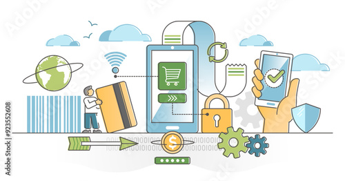 Mobile payments as contectless money purchase with phone outline concept, transparent background. Bank finance transfer with smart wallet app illustration. Modern and secure customer method.