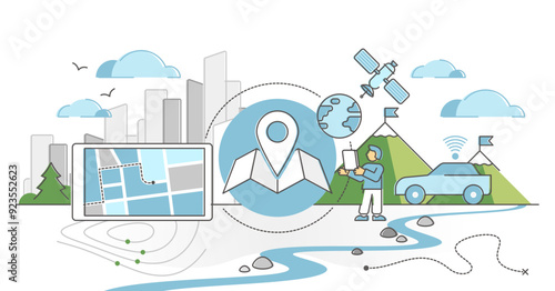 Navigation GPS for location routing with satellite signal outline concept, transparent background. Global positioning system for direction information illustration.