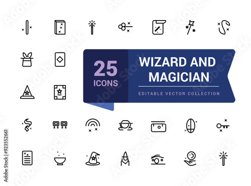 Wizard and magician, sorcerer, witch, accessories icons set. Pixel perfect, minimalistic web and UI icon. Outline icon collections.