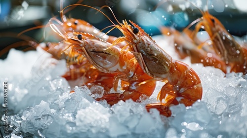 Photo of fresh tiger prawns on ice at the market.