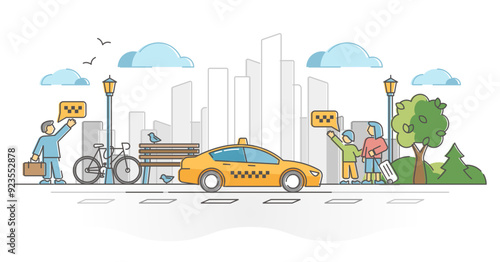Taxi car or cab as passenger and luggage transport in city outline concept, transparent background. Urban traffic transportation road service scene.