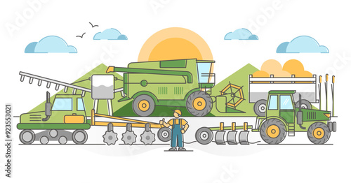 Agricultural machinery for agronomy farming field harvest outline concept, transparent background. Industrial machines for crop, grain, seeds and soil processing illustration.