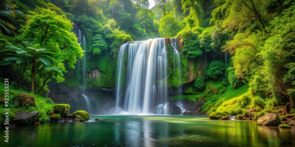 Obraz premium A majestic waterfall flowing through a lush green forest , nature, landscape, scenic, waterfall, forest, greenery