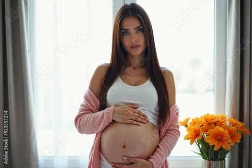 Free Download photo of pregnant woman relaxing standing both hands touching her belly at her house, generative AI - GFXLoad